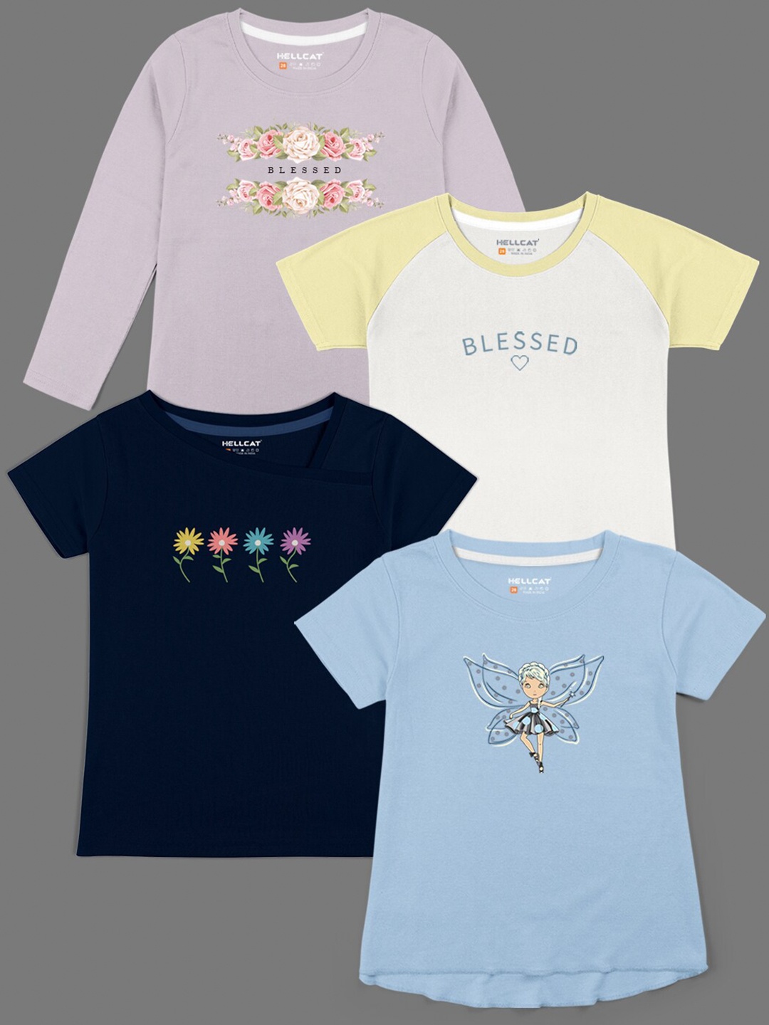 

HELLCAT Girls Pack Of 4 Typography Printed Cotton T-shirts, Blue