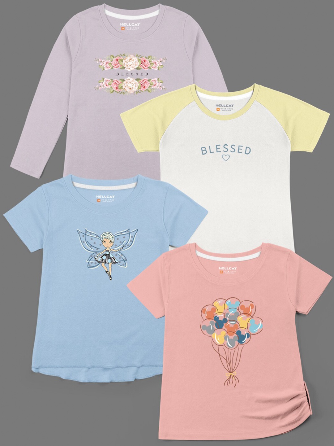 

HELLCAT Girls Pack Of 4 Typography Printed Cotton T-shirts, Blue