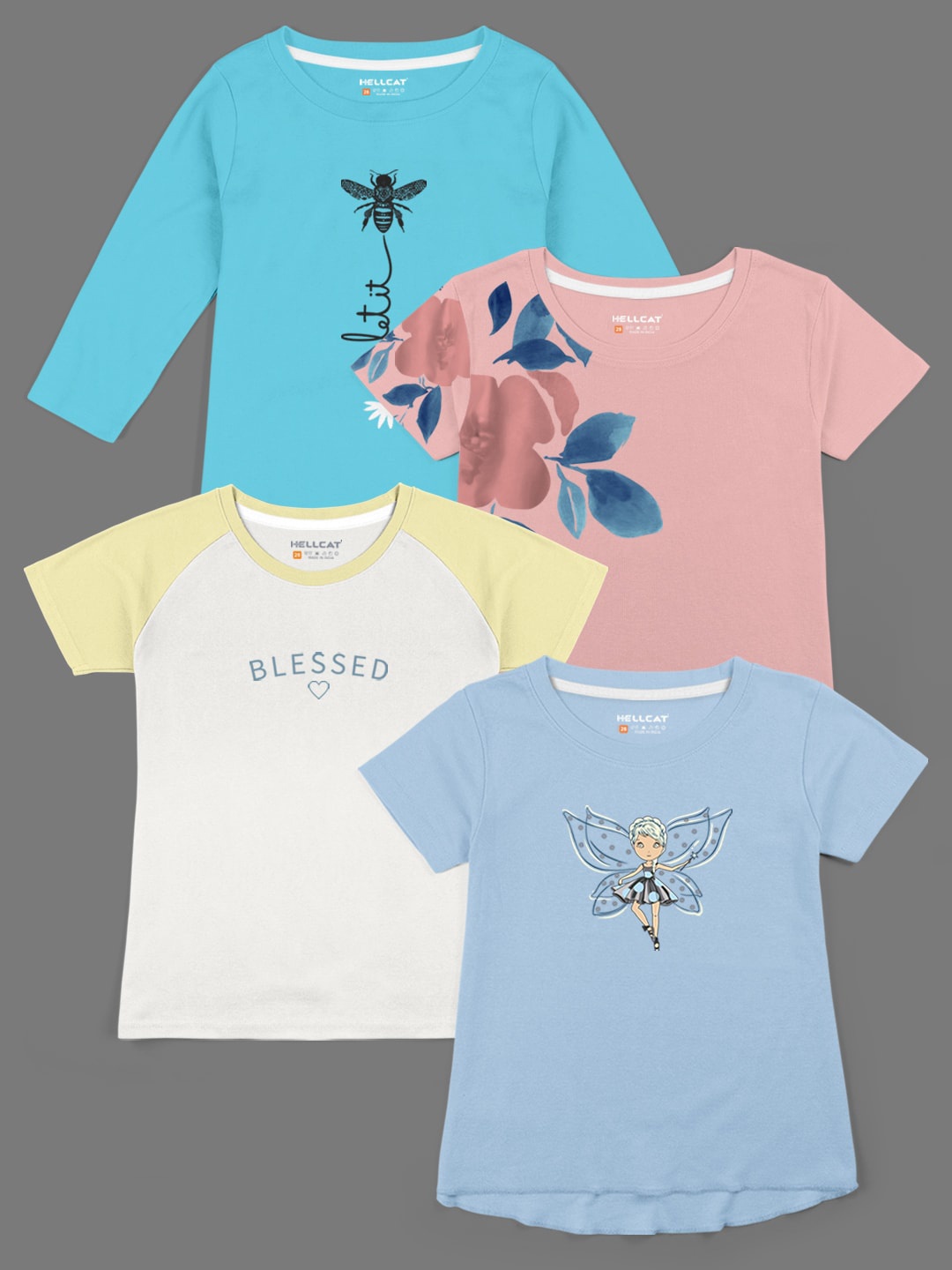 

HELLCAT Girls Pack Of 4 Typography Printed Cotton T-shirts, Turquoise blue