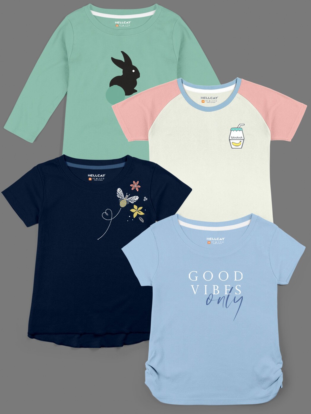 

HELLCAT Girls Pack Of 4 Typography Printed Cotton T-shirts, Green