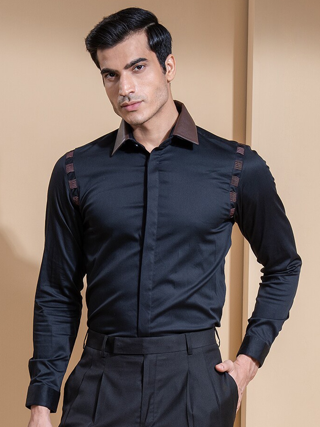 

ABKASA Sharp Slim Fit Opaque Contrast Collar Casual Shirt, Black