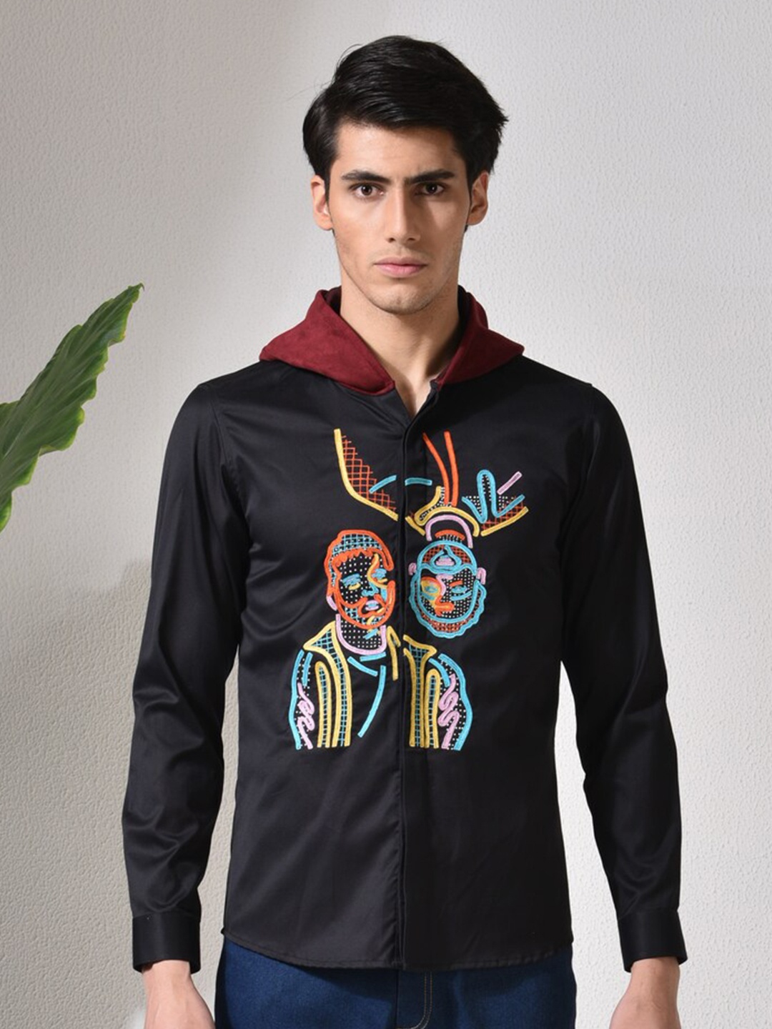 

ABKASA Sharp Slim Fit Graphic Printed Cotton Casual Shirt, Black