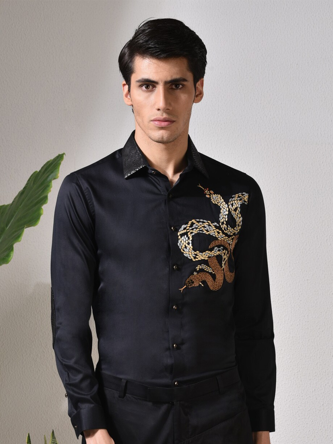 

ABKASA Sharp Slim Fit Embellished Casual Shirt, Black