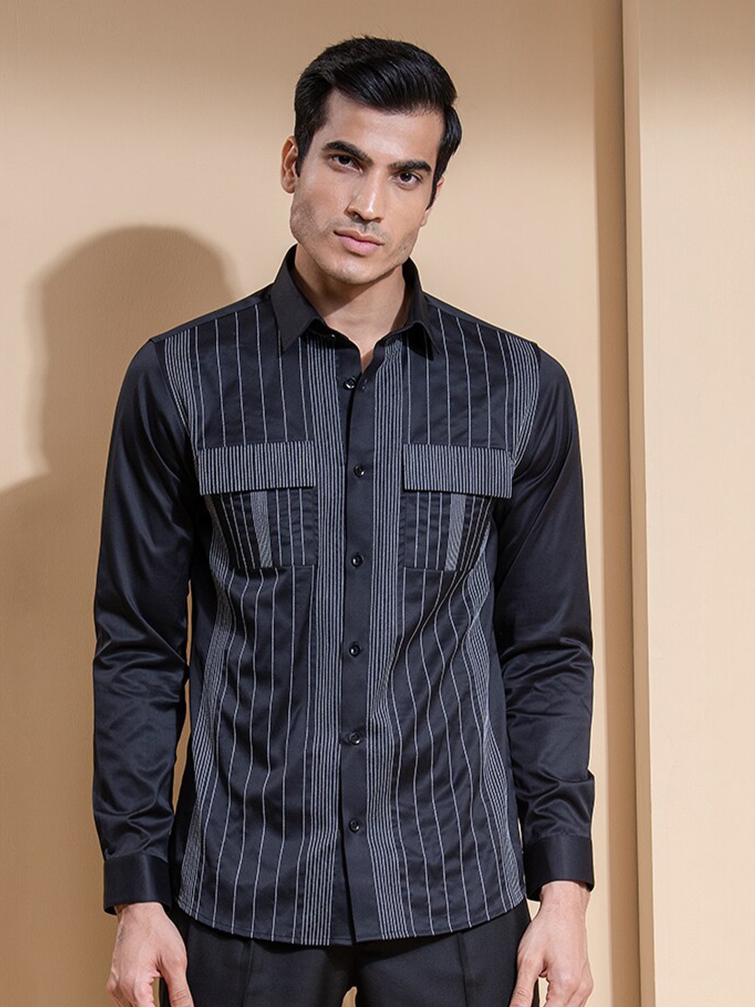 

ABKASA Sharp Slim Fit Striped Casual Shirt, Black