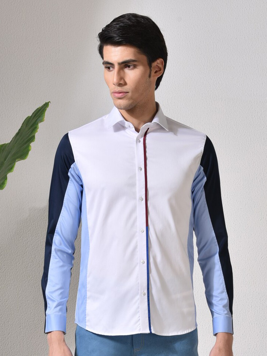 

ABKASA Sharp Slim Fit Colourblocked Casual Shirt, White
