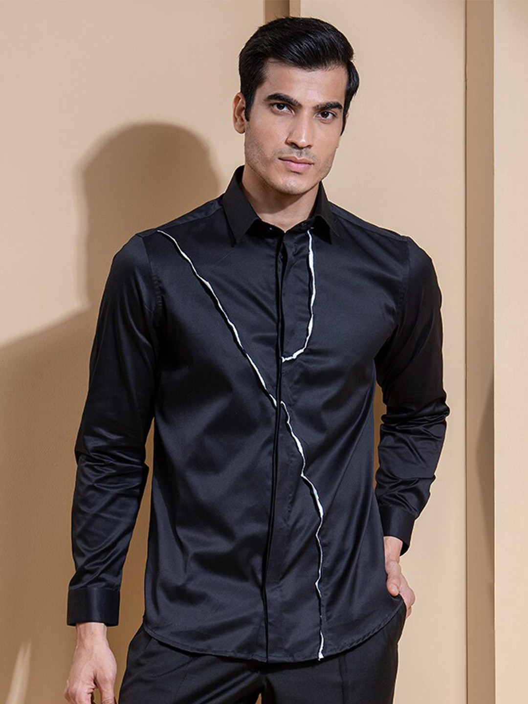 

ABKASA Men Sharp Slim Fit Cotton Casual Shirt, Black