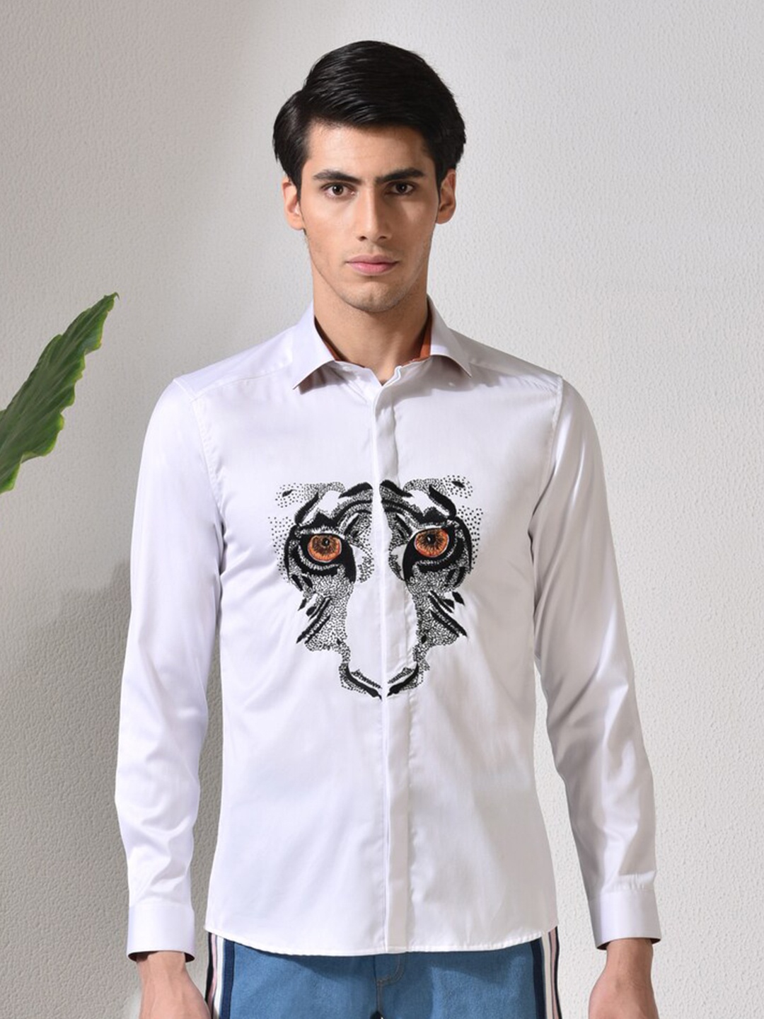 

ABKASA Graphic Embroidered Sharp Slim Fit Cotton Casual Shirt, White