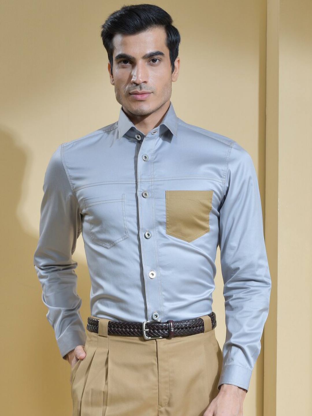 

ABKASA Sharp Slim Fit Cotton Casual Shirt, Grey