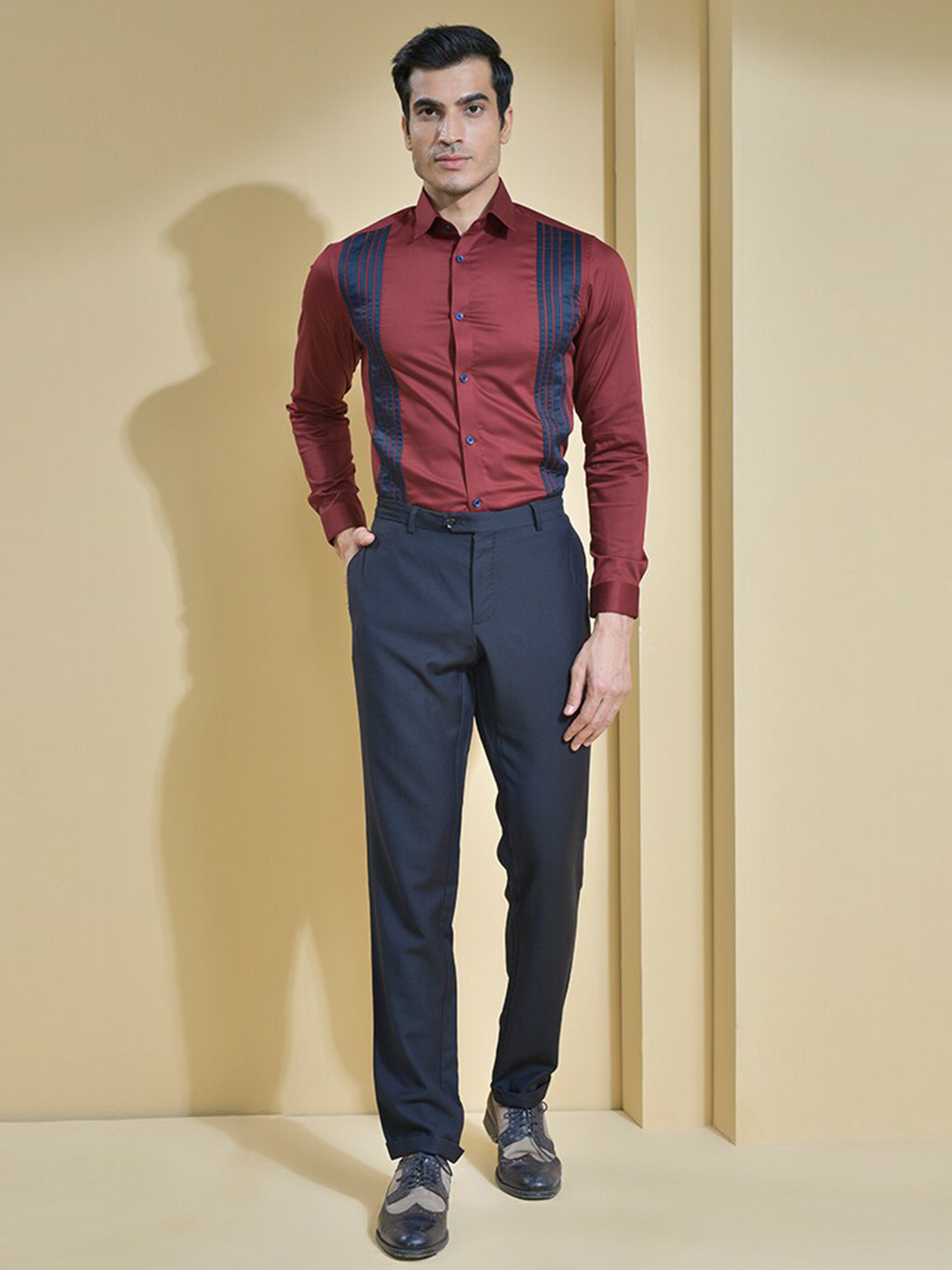 

ABKASA Sharp Slim Fit Striped Pleated Casual Shirt, Maroon
