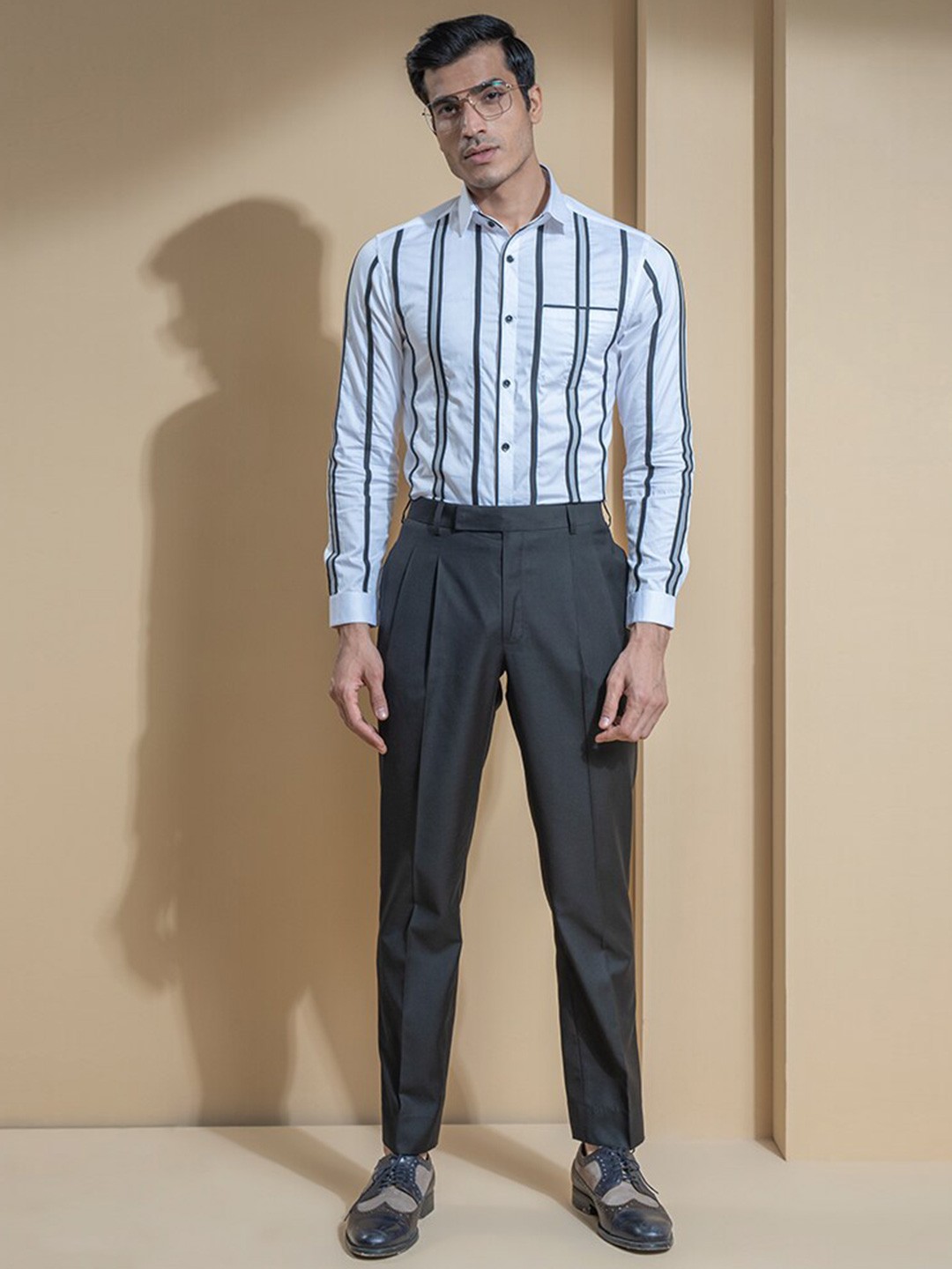 

ABKASA Sharp Slim Fit Striped Casual Shirt, White