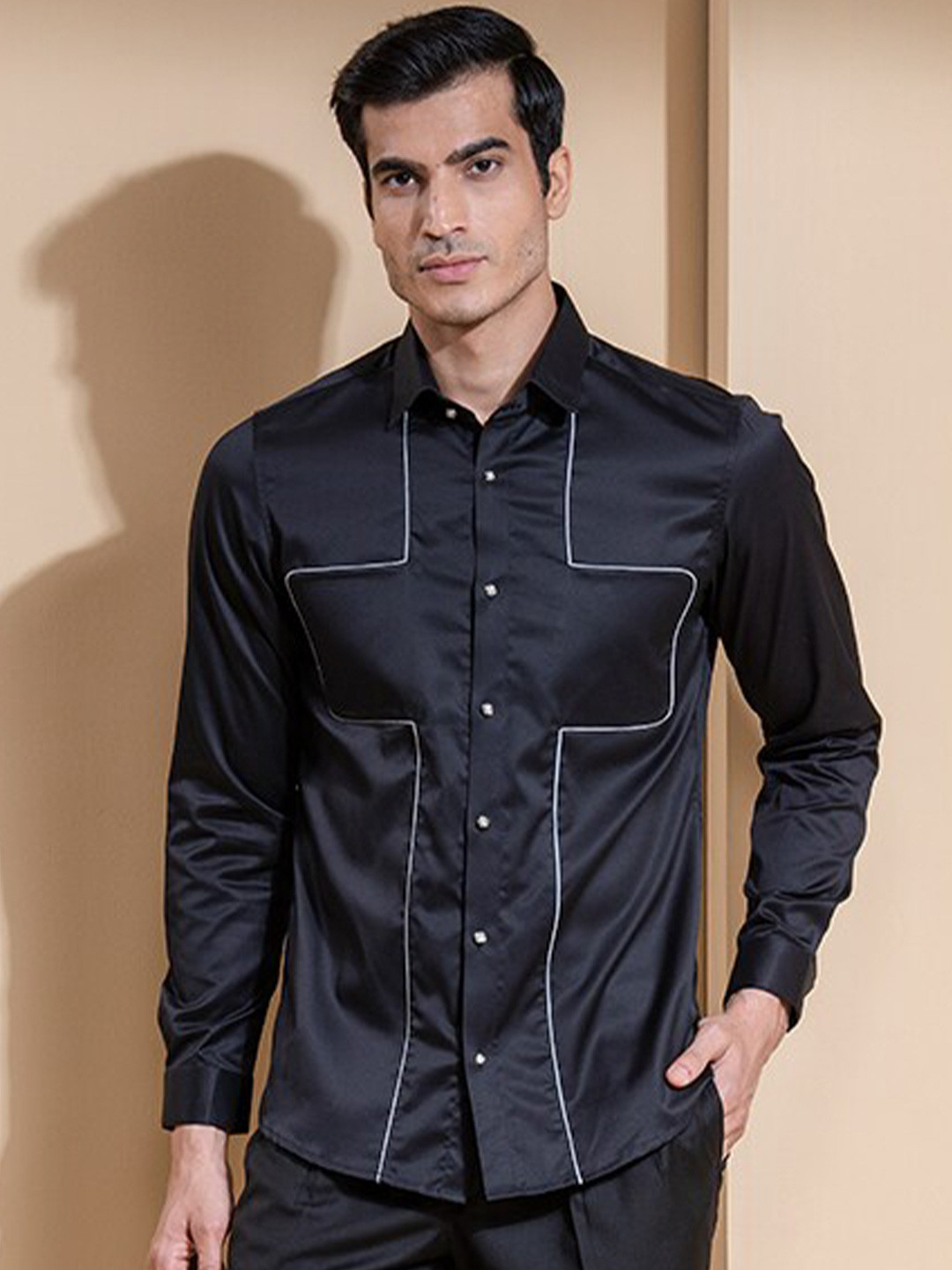 

ABKASA Geometric Piping Sharp Slim Fit Cotton Casual Shirt, Black