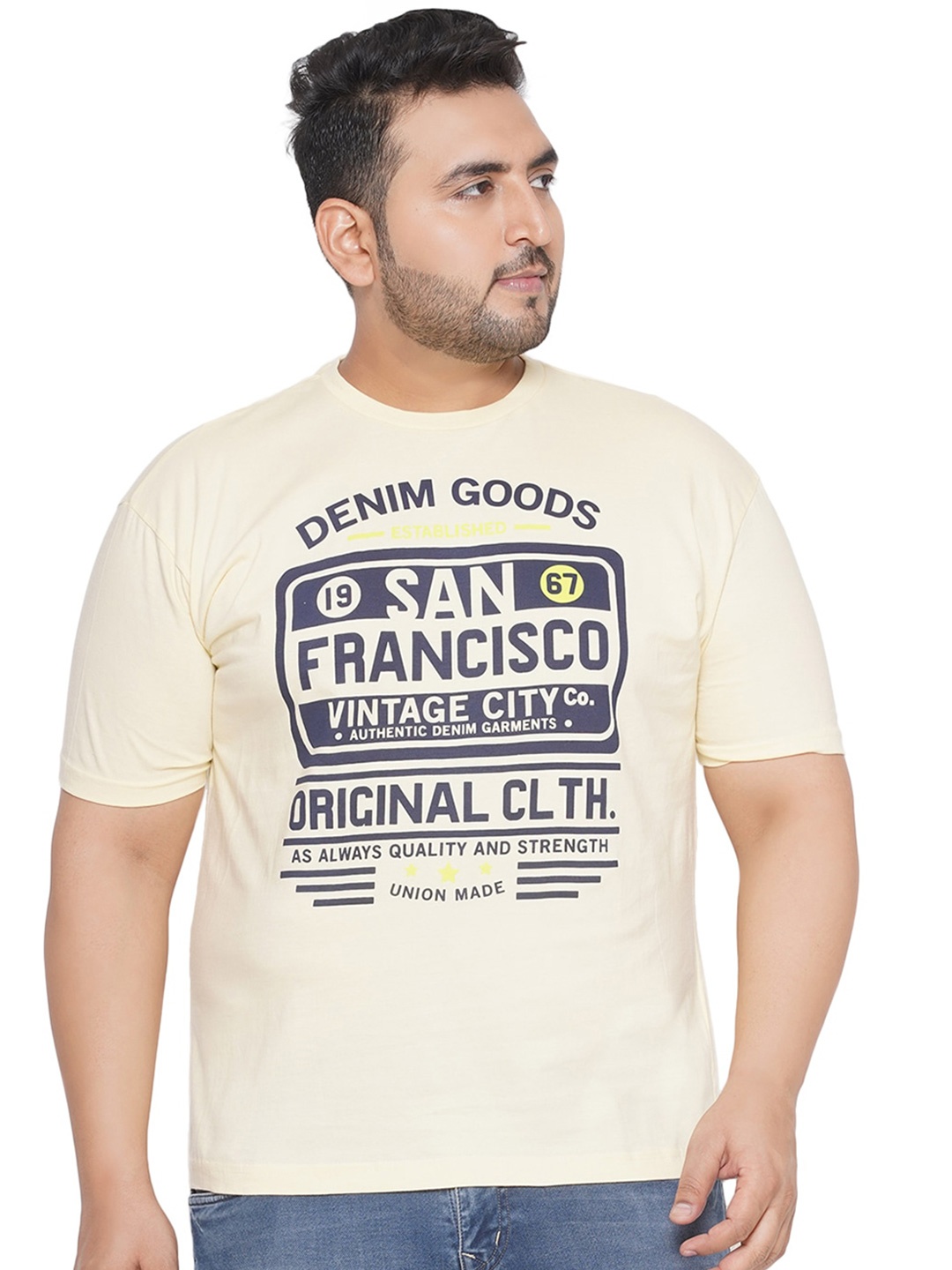Santonio Plus Size Typography Printed Regular Fit Pure Cotton T-shirt, Yellow