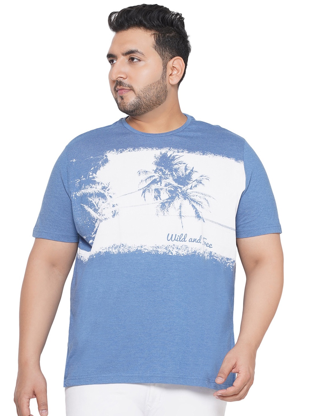 

Santonio Plus Size Tropical Printed Pure Cotton T-shirt, Blue