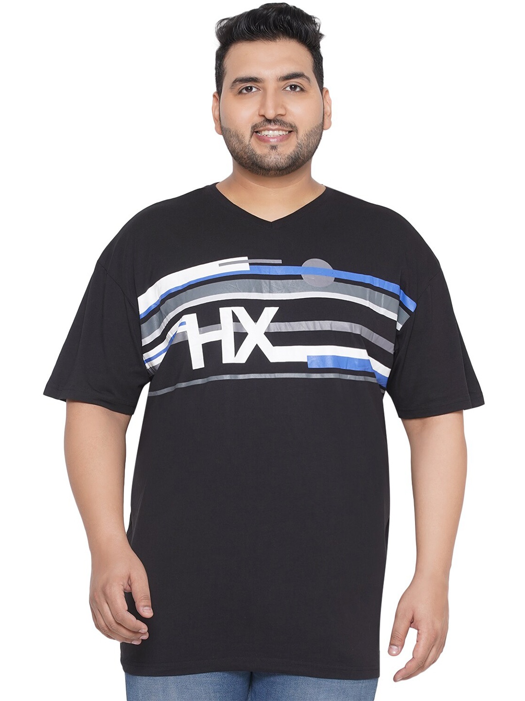 

Santonio Plus Size Striped V-Neck Pure Cotton T-shirt, Black