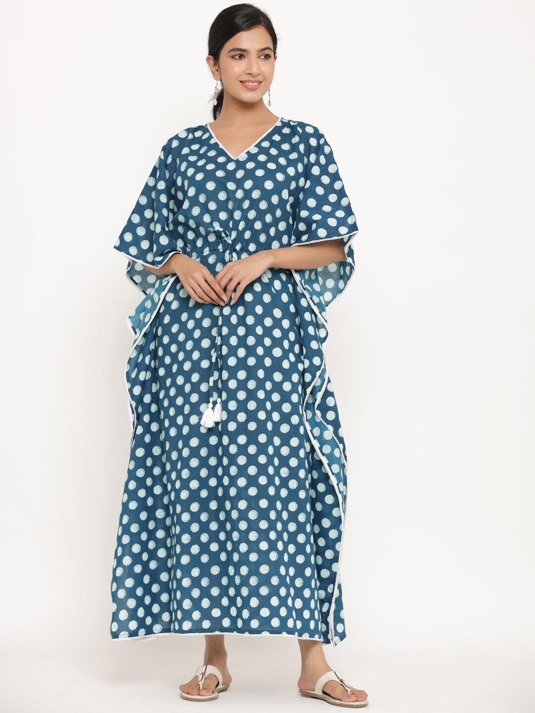 

mirari Polka Dot Printed Cotton Kaftan Midi Dress, Teal