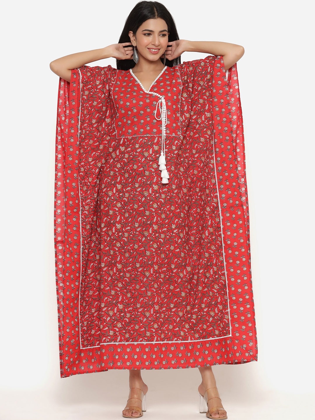 

mirari Floral Printed Cotton Kaftan Midi Dress, Red