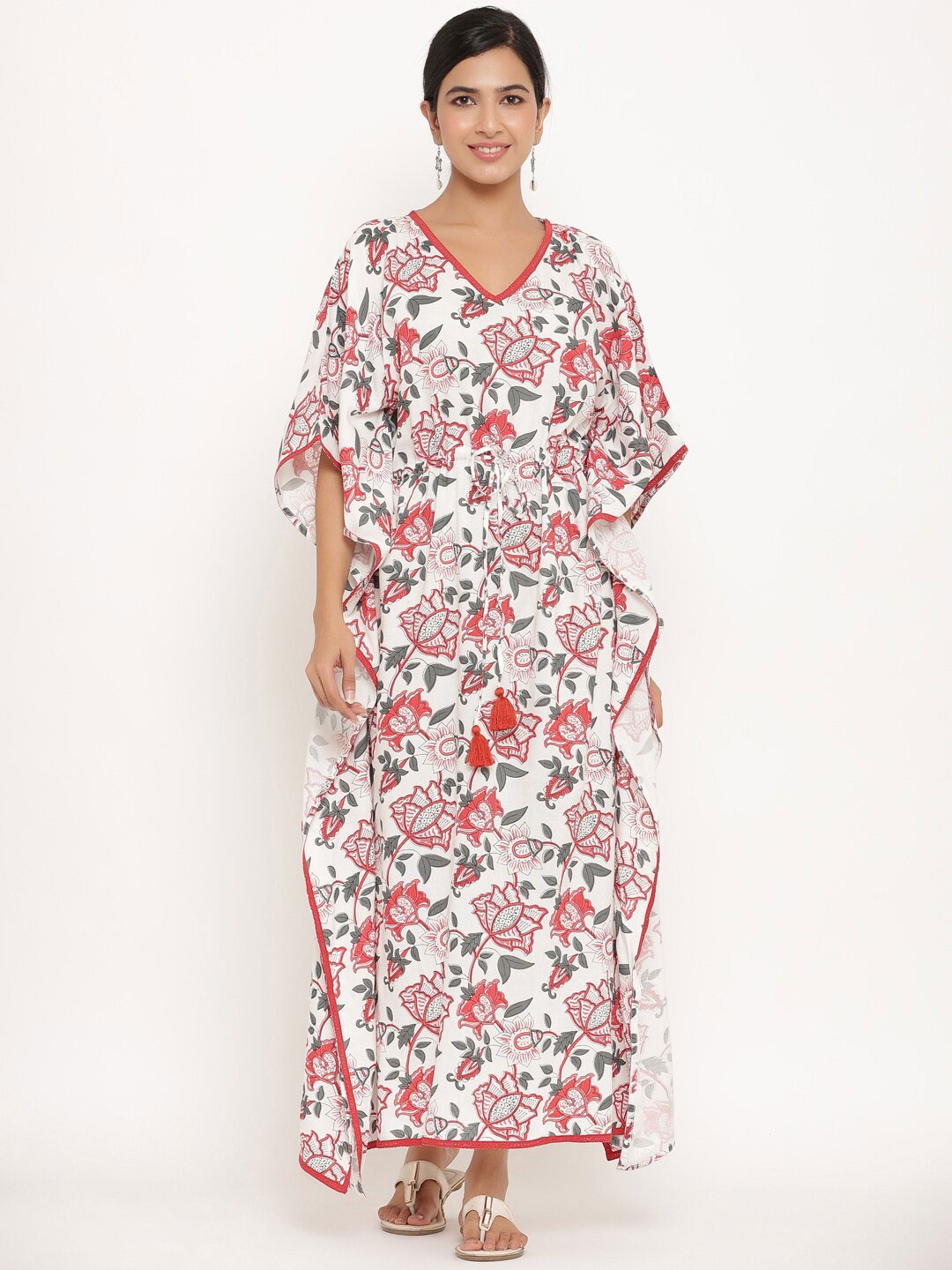 

mirari Floral Printed V-Neck Kimono Sleeves Kaftan Maxi Dress, White