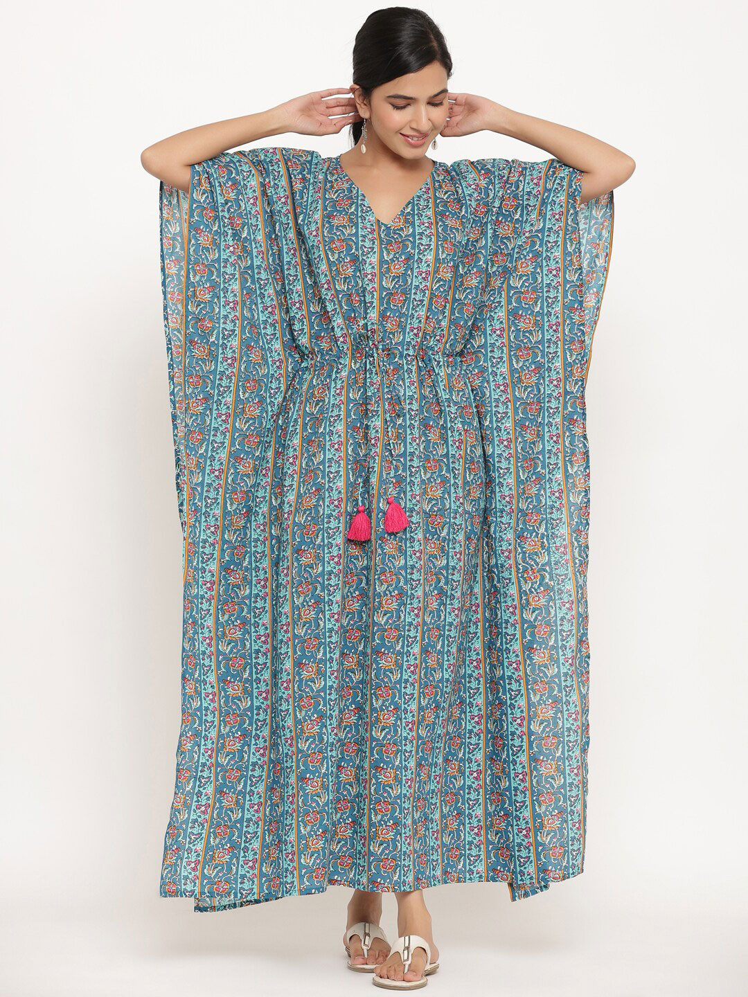 

mirari Floral Printed Cotton Kaftan Midi Dress, Turquoise blue
