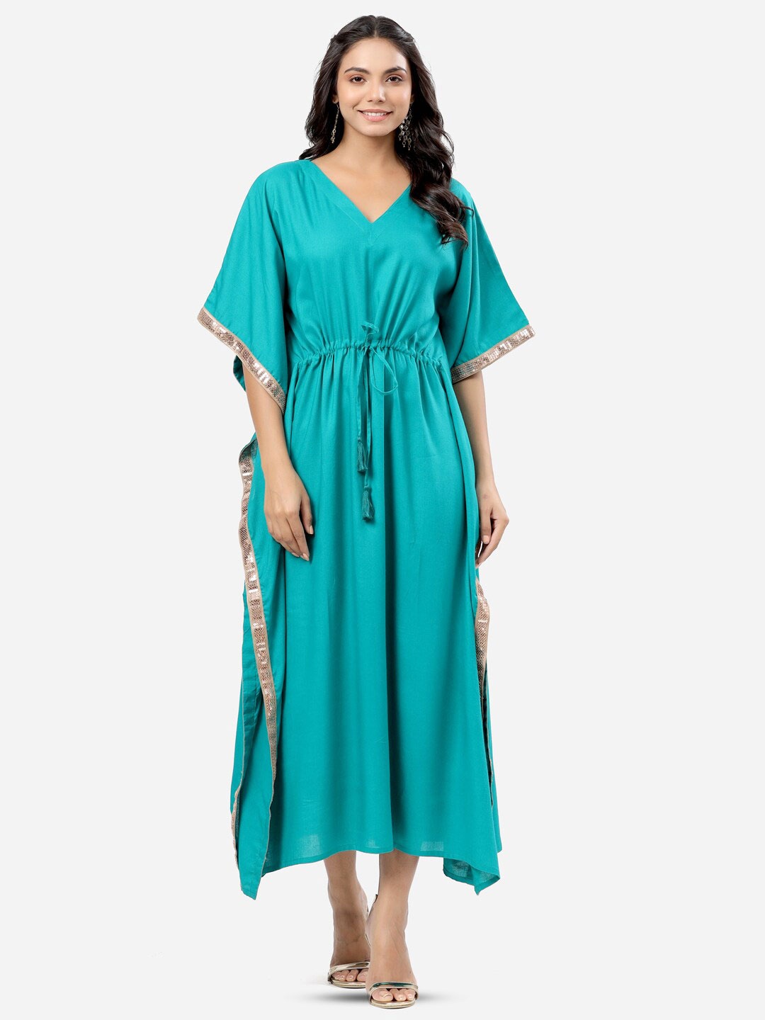 

mirari Extended Sleeves Embellished Kaftan Midi Dress, Turquoise blue