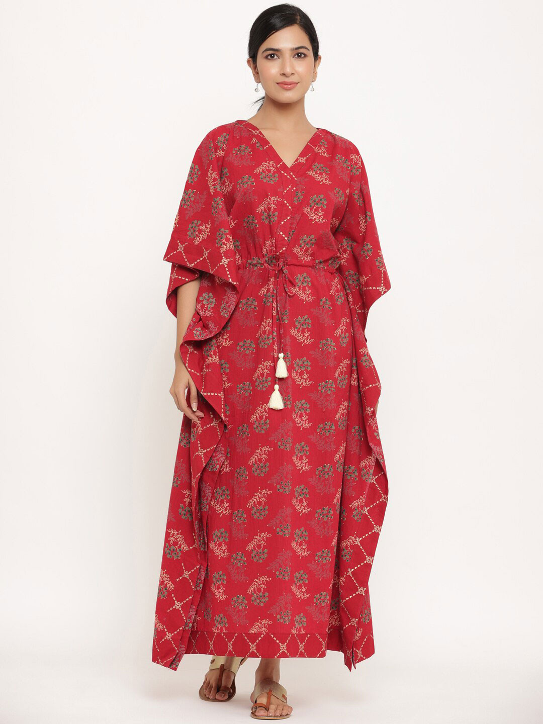 

mirari Floral Printed Cotton Kaftan Midi Dress, Red