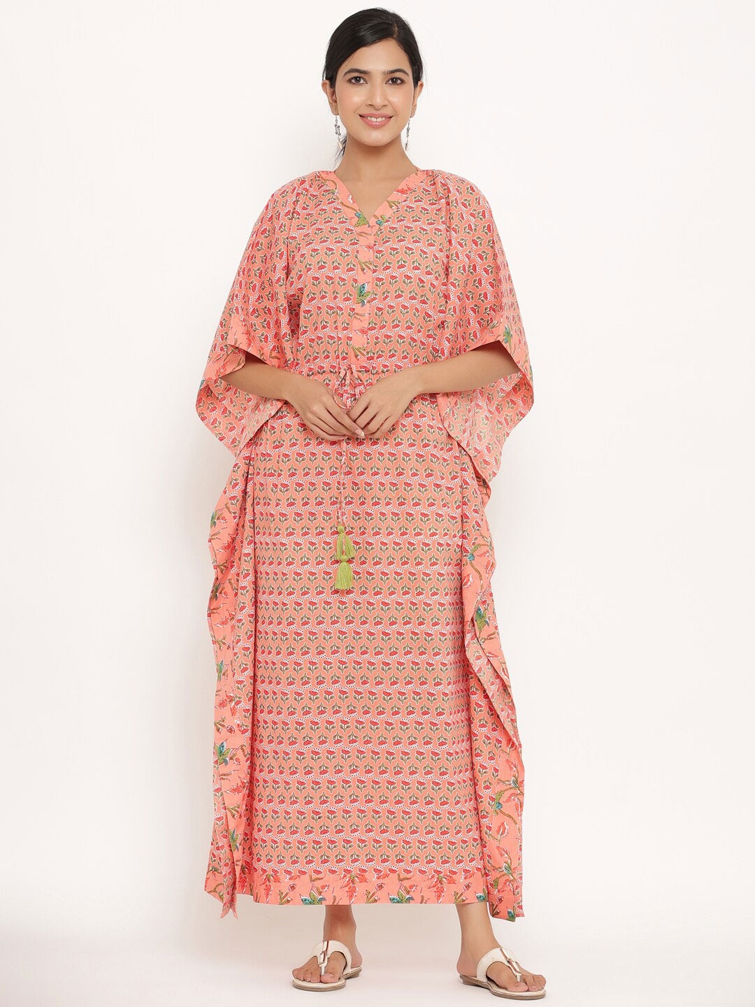 

mirari Floral Printed V-Neck Kimono Sleeves Cotton Kaftan Maxi Dress, Peach