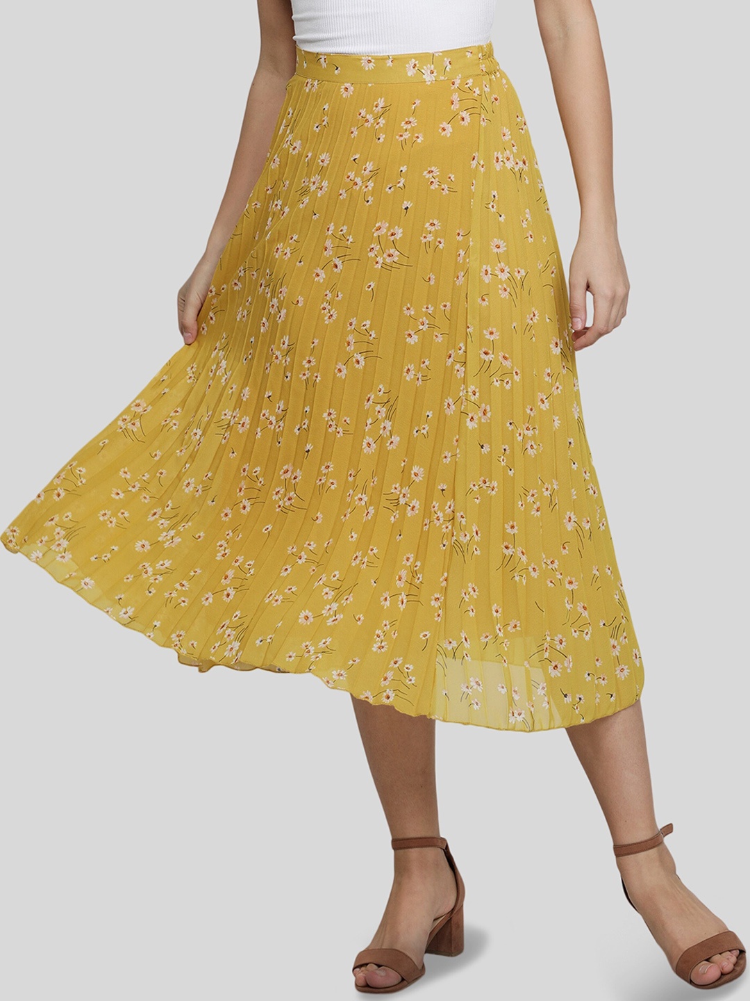 

NUEVOSDAMAS Floral Printed A-Line Pleated Skirt, Yellow