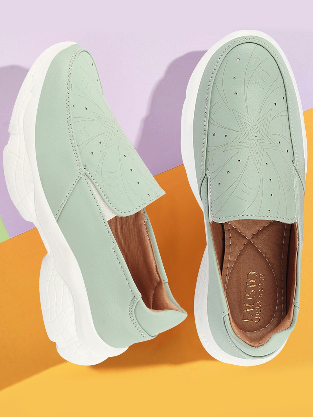 

FAUSTO Women Printed Perforated Lightweight Slip On Sneakers, Sea green