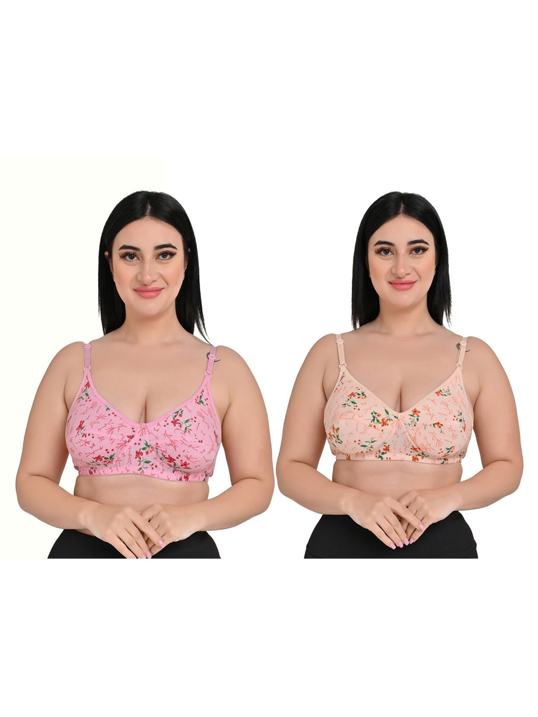 

Piylu Pack Of 2 Floral Printed Cotton T-Shirt Bra With Lightly Padded Full Coverage, Pink