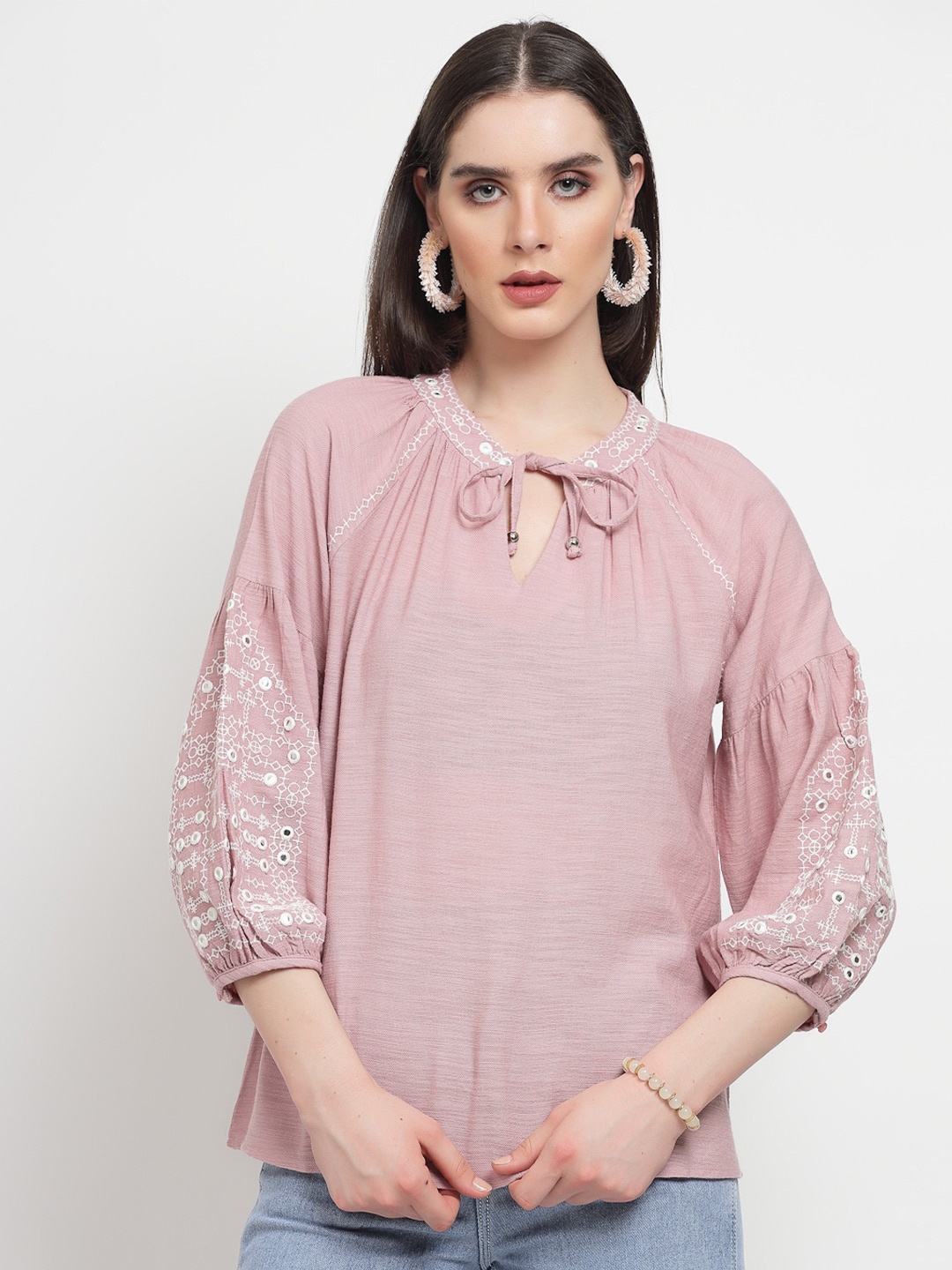 

Gipsy Tie-Up Neck Puff Sleeve Regular Top, Mauve