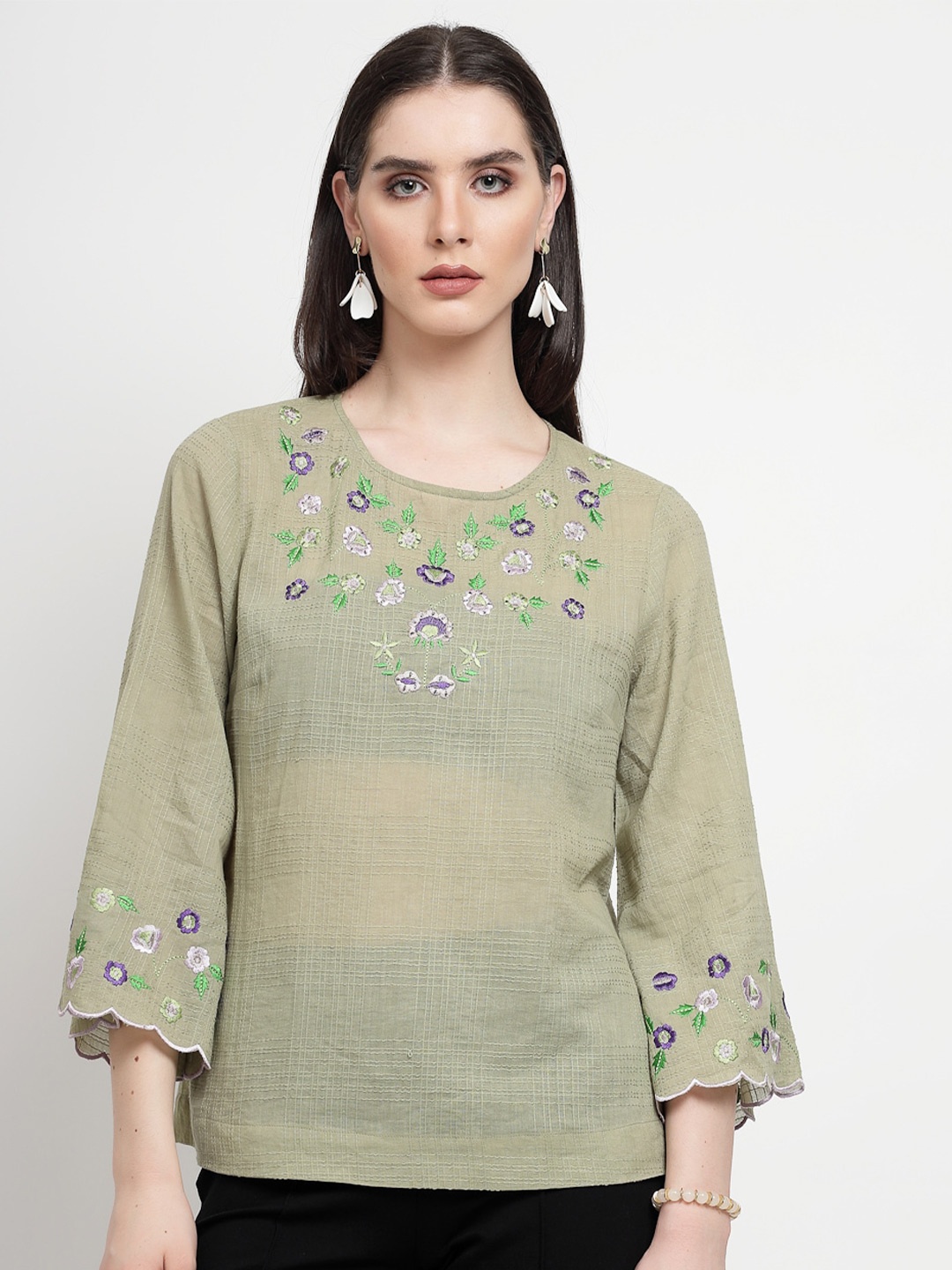 

Gipsy Round Neck Embroidered Semi Sheer Top, Green