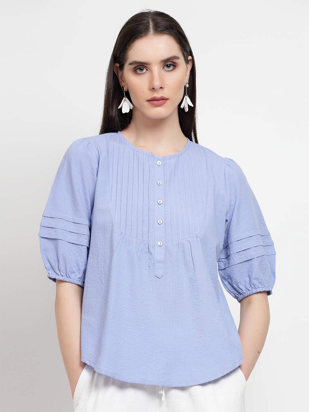 

Gipsy Puff Sleeve Cotton Regular Top, Blue