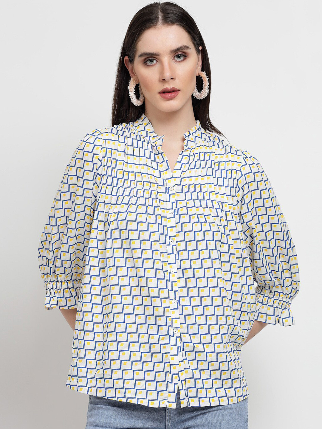 

Gipsy Geometric Printed Mandarin Collar Puff Sleeve Shirt Style Top, White