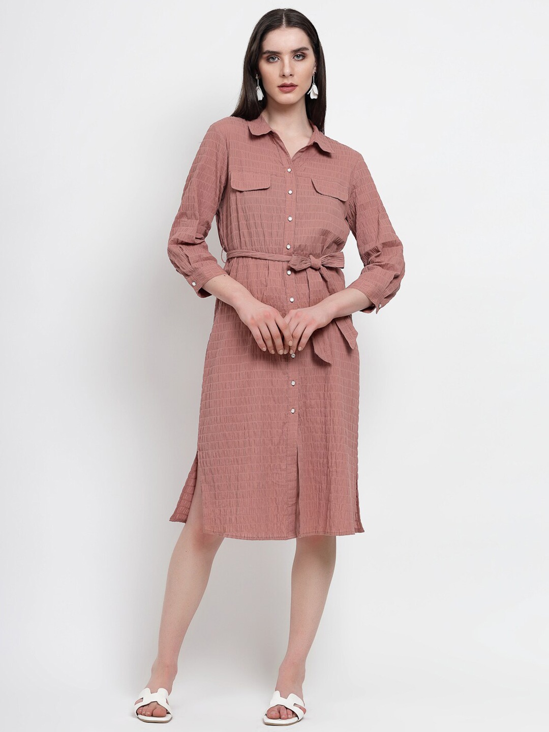 

Gipsy Self Design Shirt Collar Cotton Shirt Style Dress, Mauve