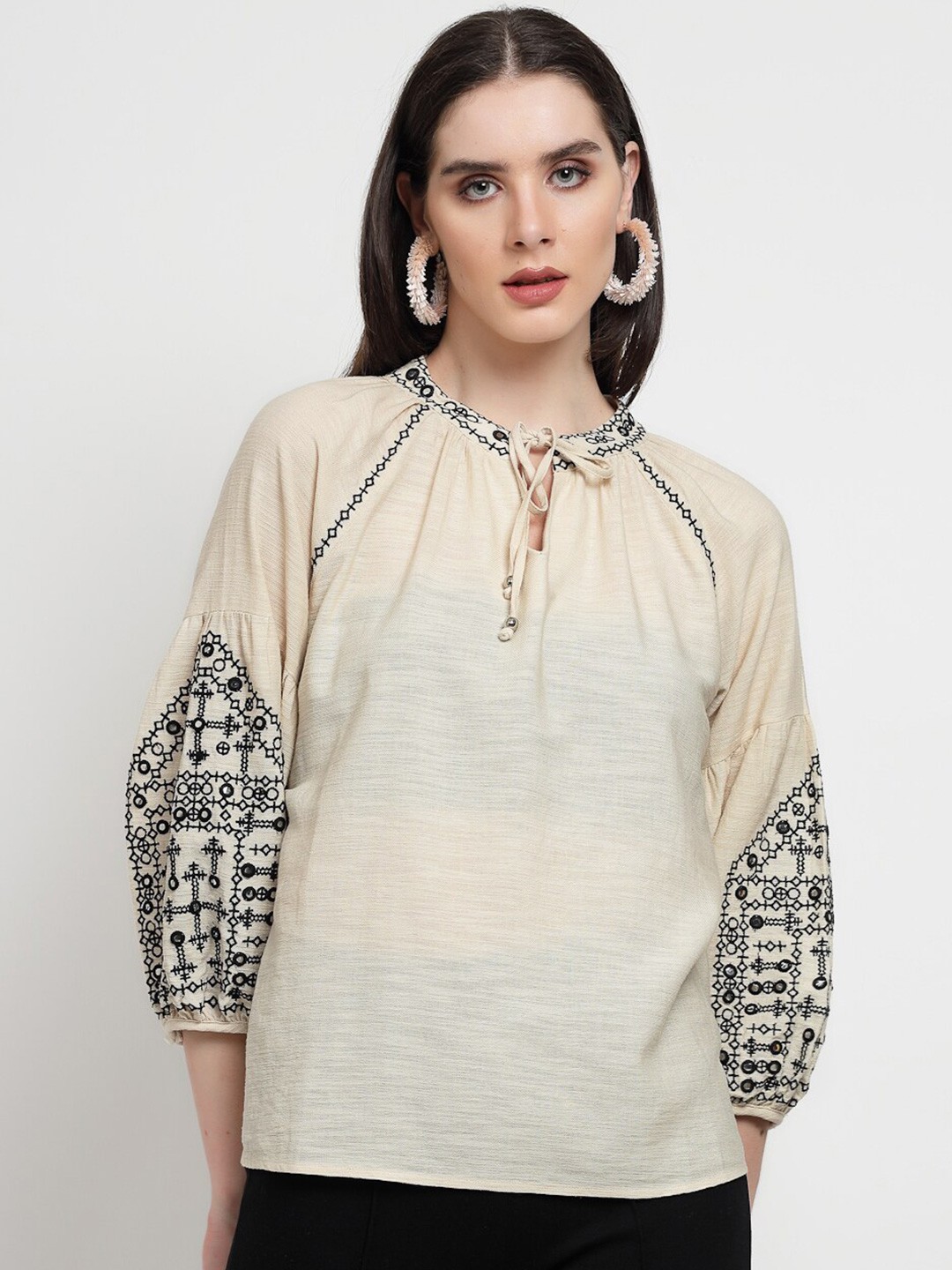 

Gipsy Tie Up Neck Puff Sleeve Embroidered Linen Regular Top, Cream