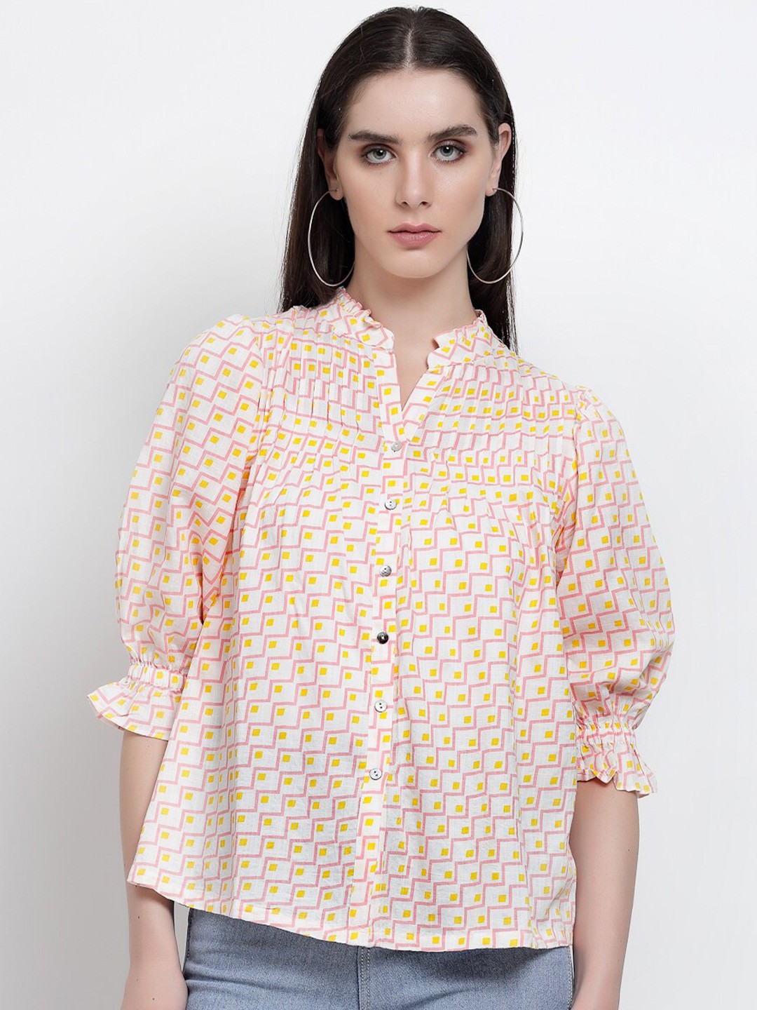 

Gipsy Geometric Printed Mandarin Collar Puff Sleeve Regular Top, Pink