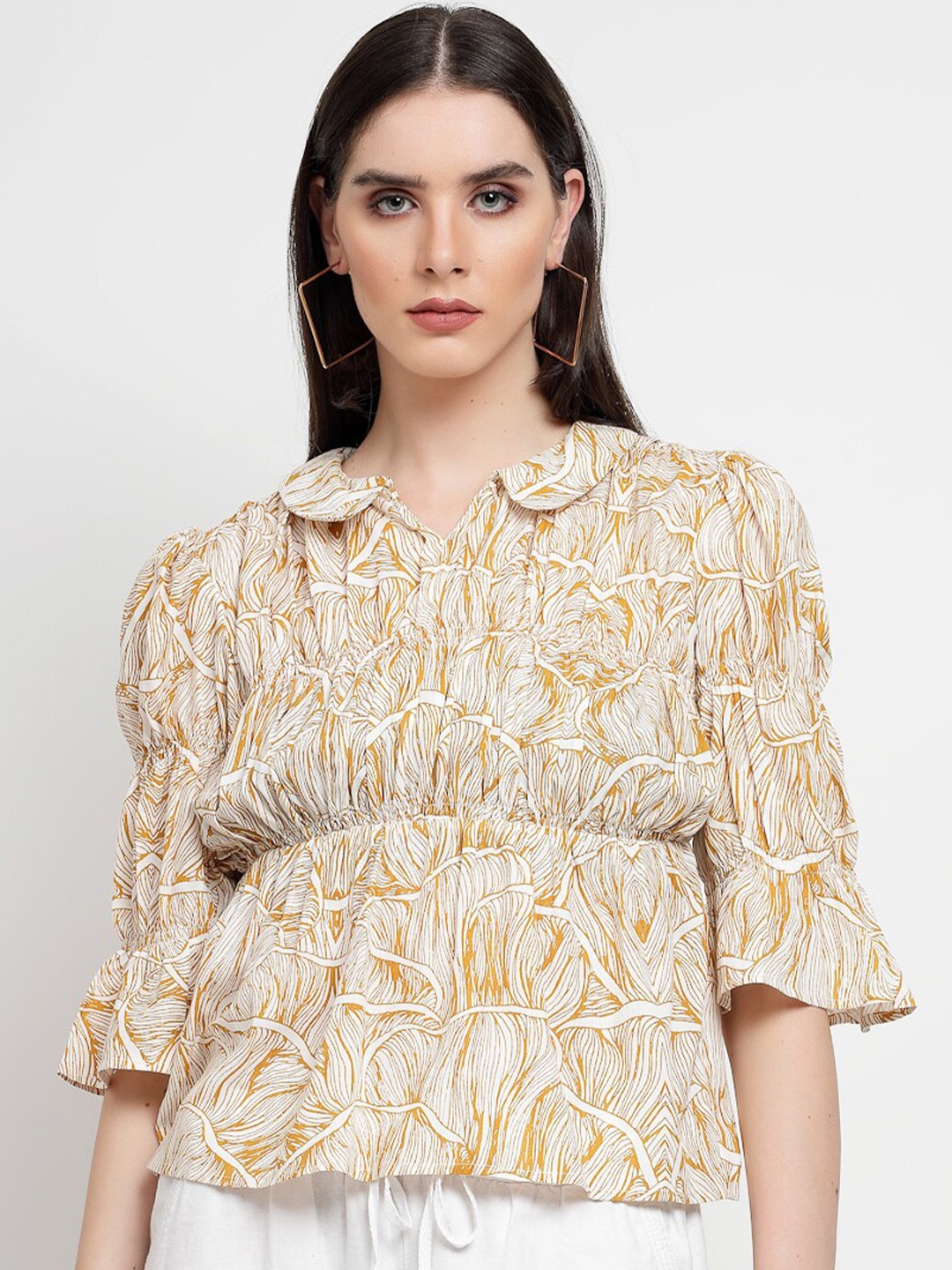 

Gipsy Abstract Printed Bell Sleeves Peter Pan Collar Cotton Empire Top, Beige