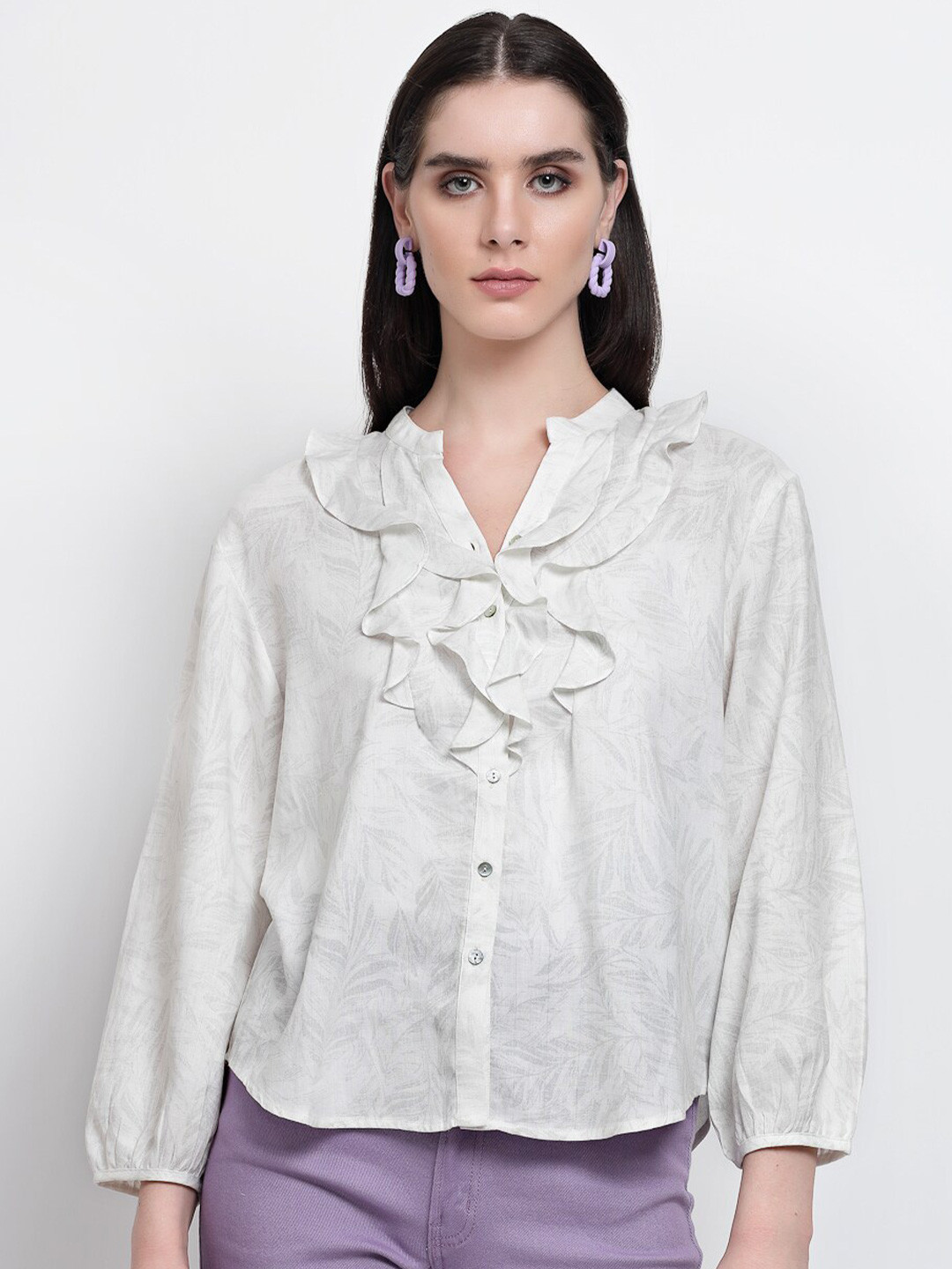 

Gipsy Mandarin Collar Puff Sleeve Ruffled Cotton Shirt Style Top, White