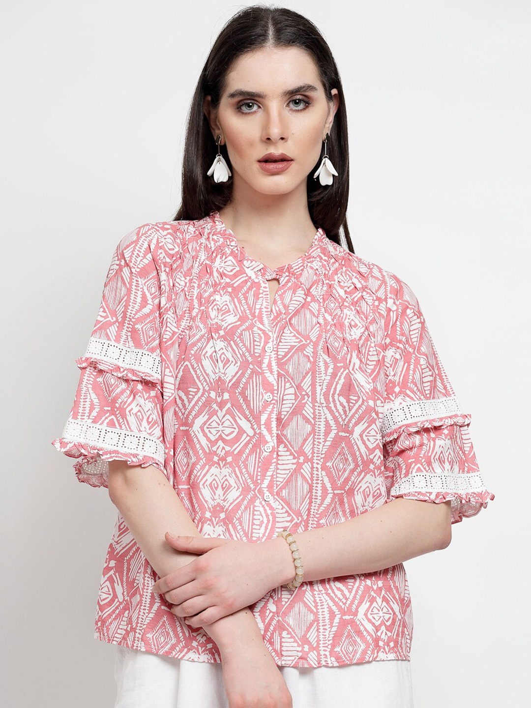 

Gipsy Geometric Printed Mandarin Collar Layered Cotton Shirt Style Top, Pink