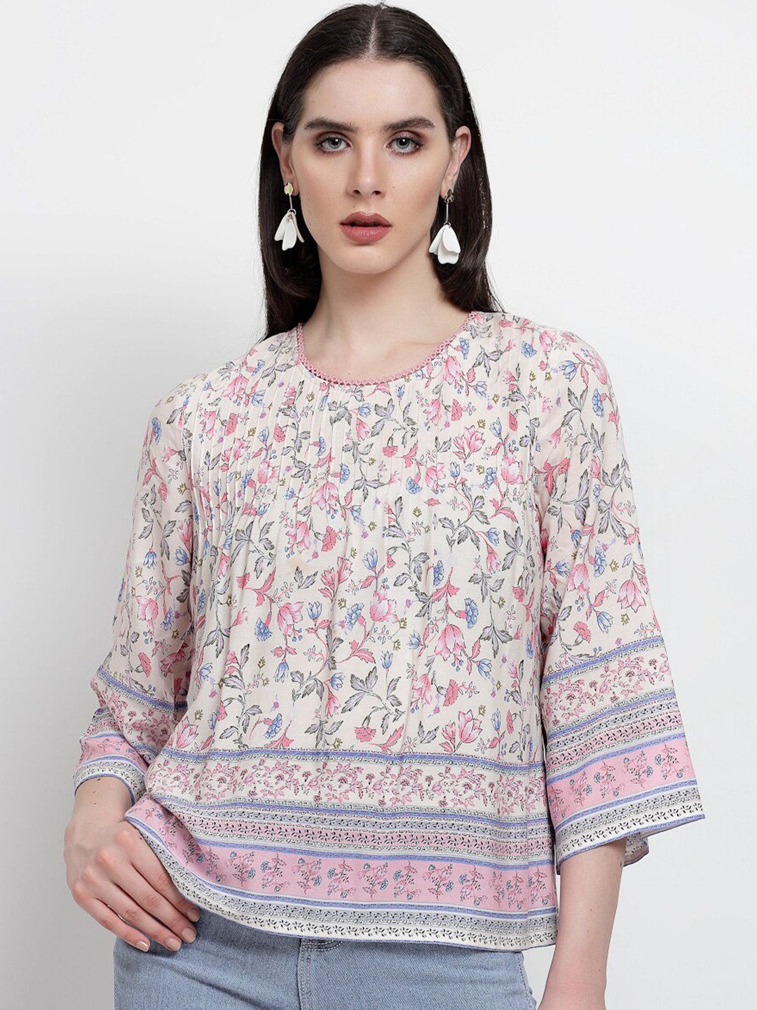 

Gipsy Floral Printed Flare Sleeves Top, Purple