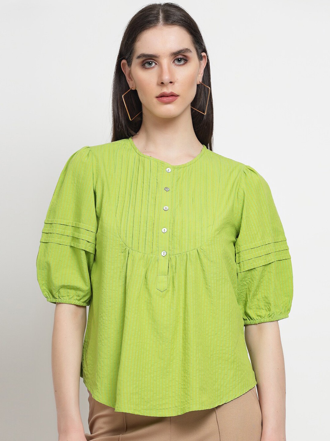 

Gipsy Striped Puff Sleeves Cotton Top, Green