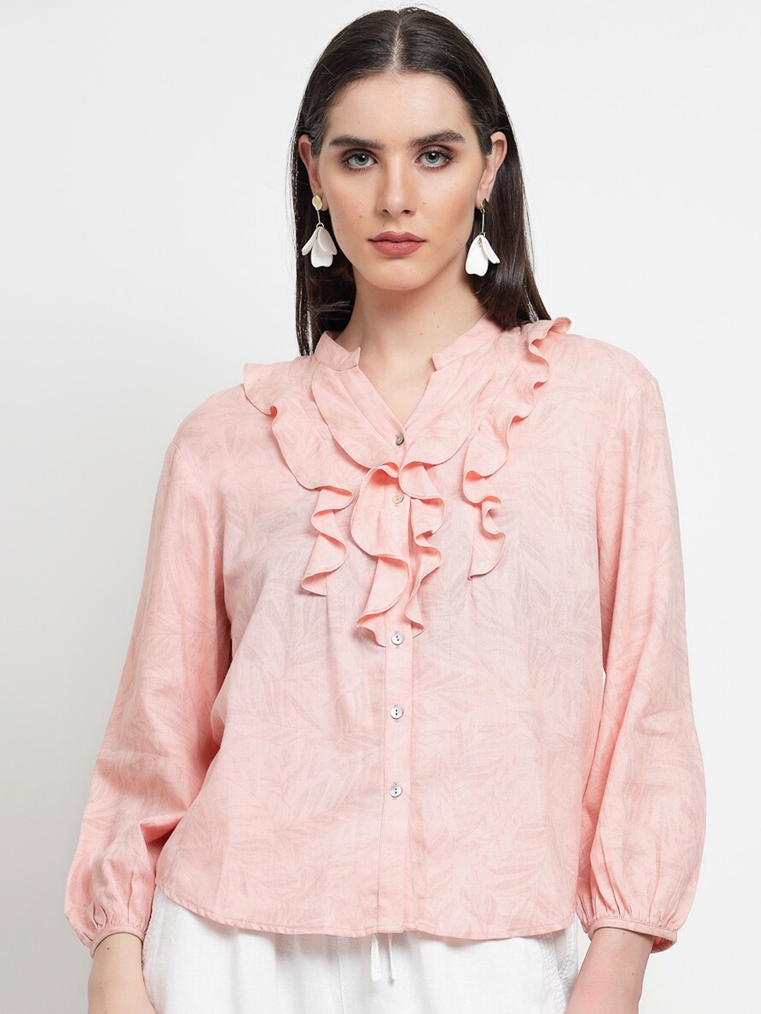 

Gipsy Mandarin Collar Puff Sleeve Cotton Regular Top, Peach