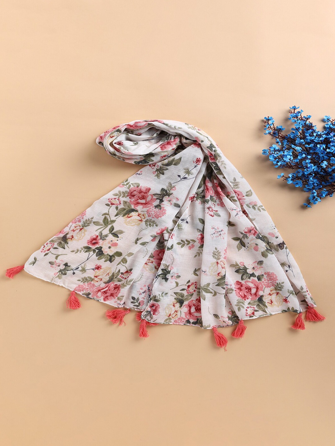 

Jewelz Women White & Pink Floral Printed Tasselled Stole