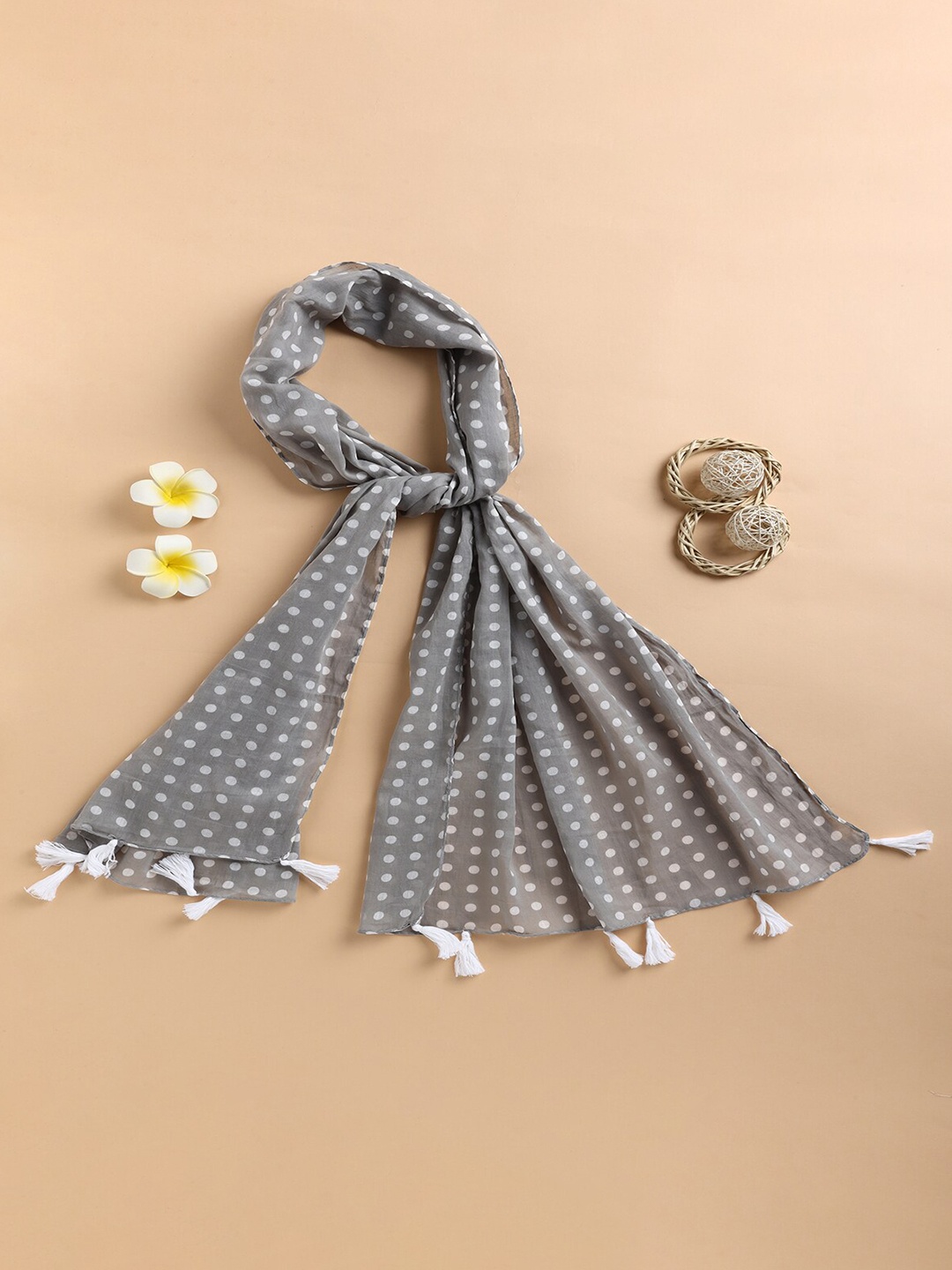

Jewelz Polka Dots Printed Chiffon Stole With Tasselles, Grey