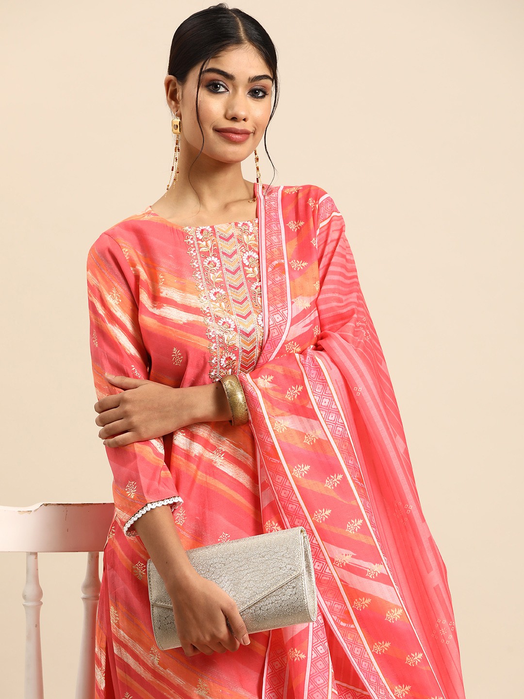 

Sangria Women Leheriya Printed Regular Thread Work Kurta with Trousers & With Dupatta, Peach