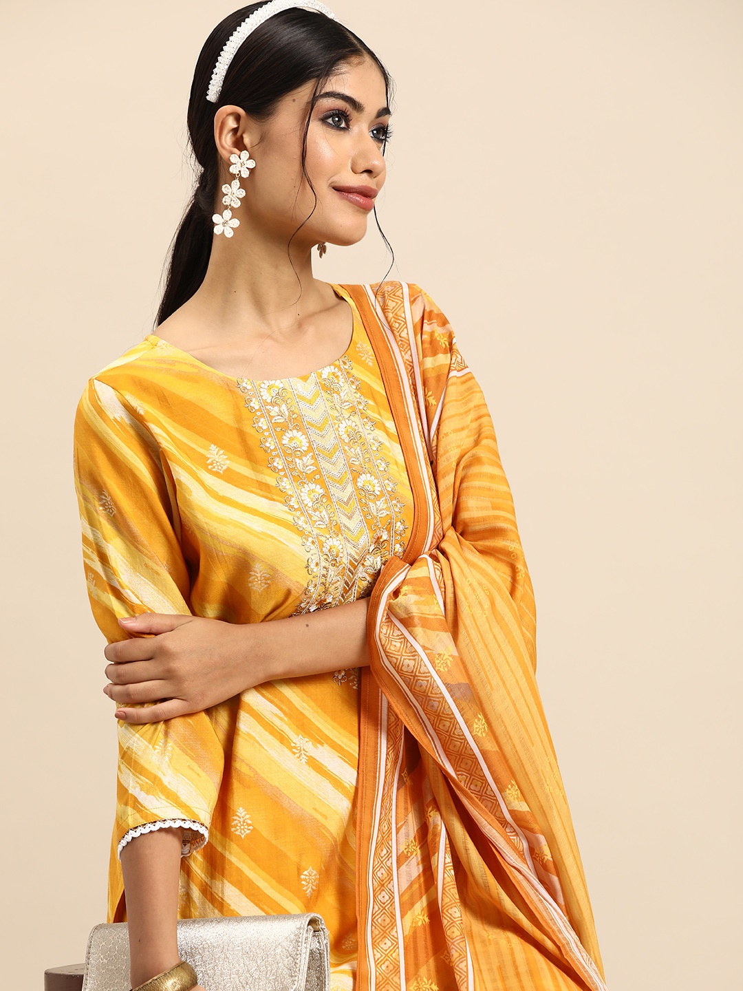 

Sangria Women Leheriya Printed Regular Thread Work Kurta with Trousers & With Dupatta, Yellow