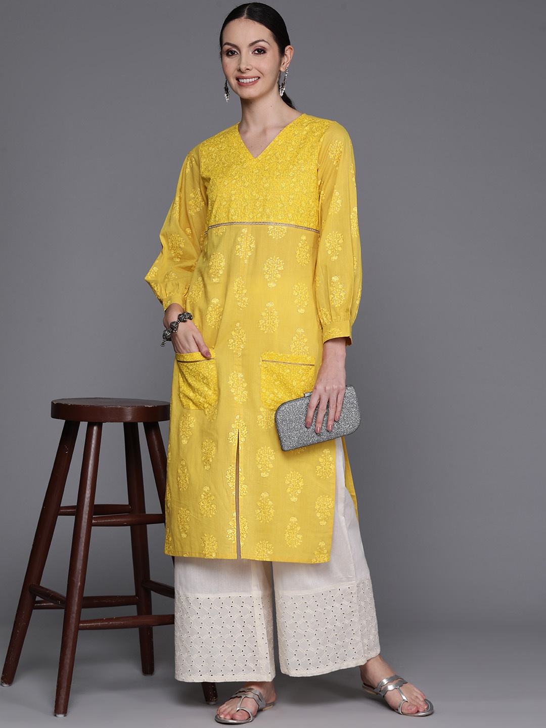 

Ahalyaa Ethnic Motifs Printed Puff Sleeves Gotta Patti Kurta, Mustard