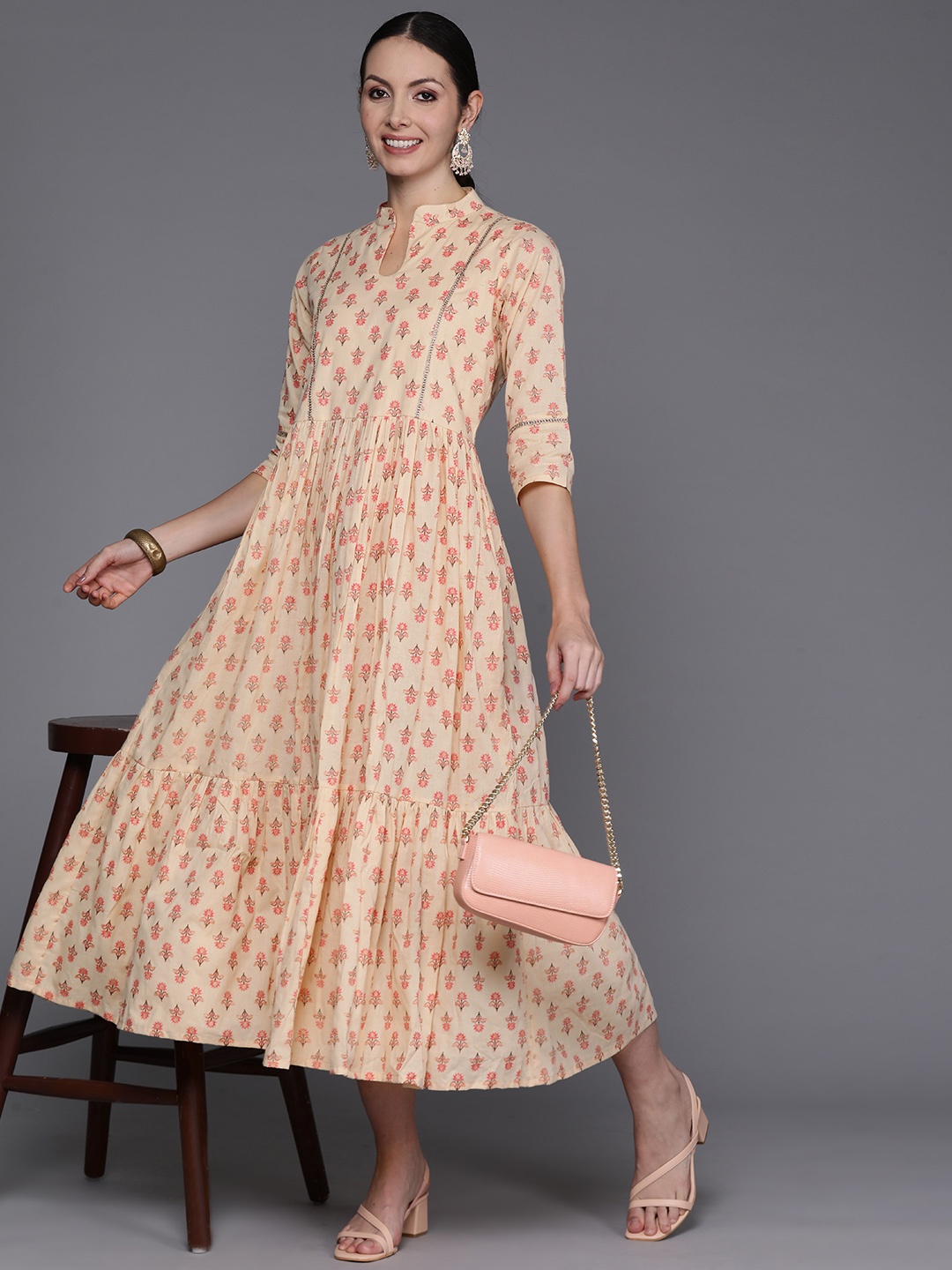 

Ahalyaa Floral Print Mandarin Collar Tiered Midi Pure Cotton Ethnic Dress, Beige
