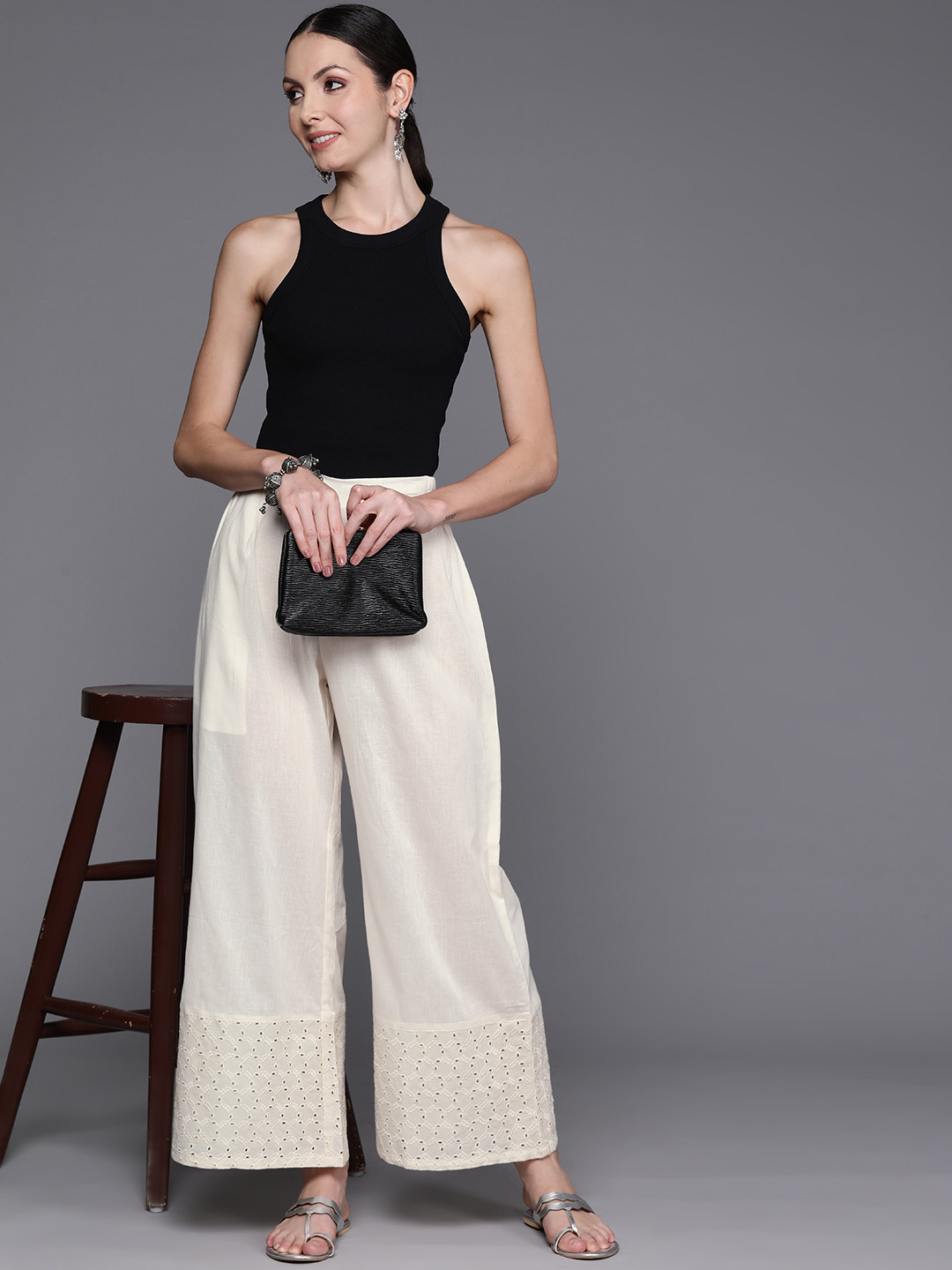 

Ahalyaa Embroidered Ethnic Palazzos, Off white