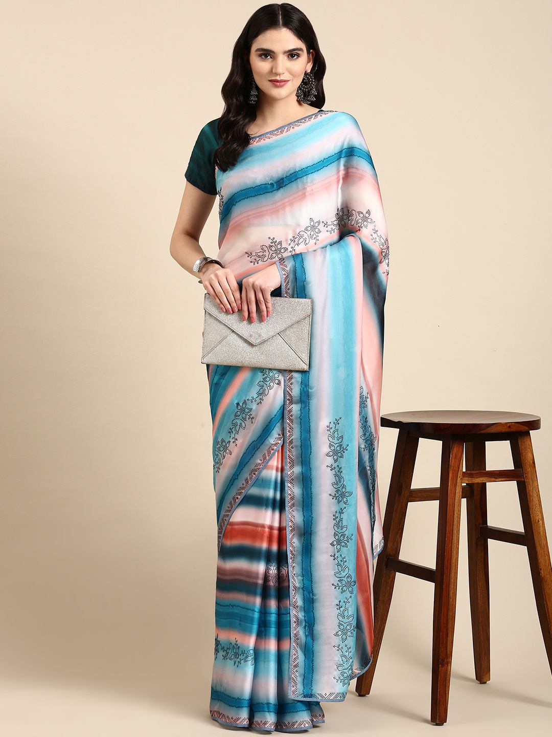 

Mitera Floral Beads & Stones Satin Pure Georgette Saree, Blue