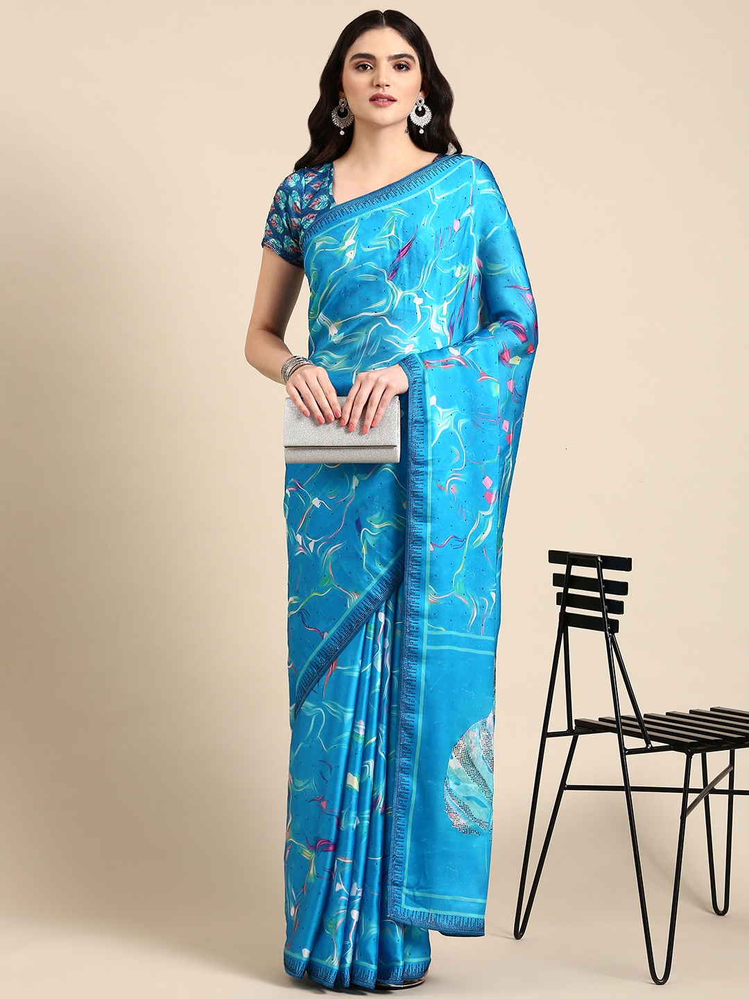 

Mitera Abstract Print Beads & Stones Satin Pure Georgette Saree, Blue